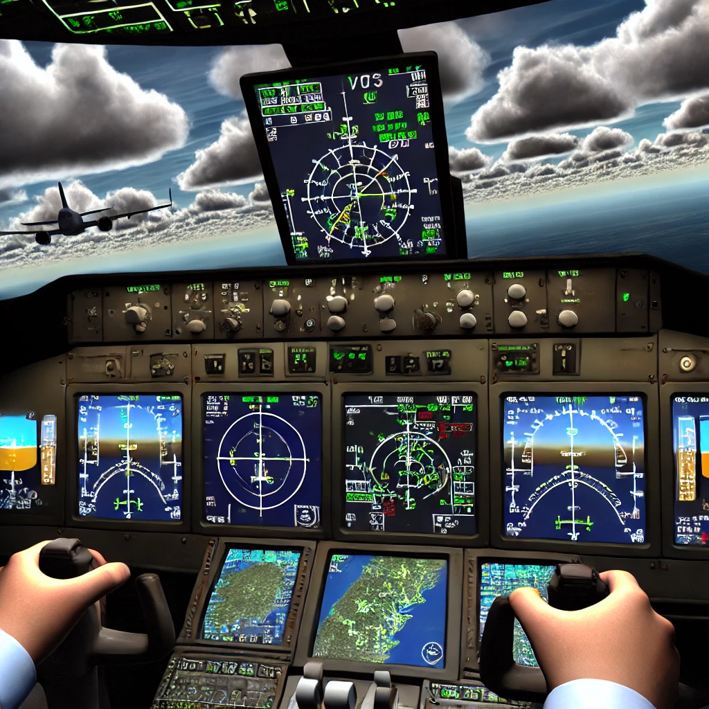 Advanced virtual cockpit techniques in Microsoft Flight Simulator, featuring integrated GPS, VOR, and ILS displays with detailed flight data and a dramatic sky view.