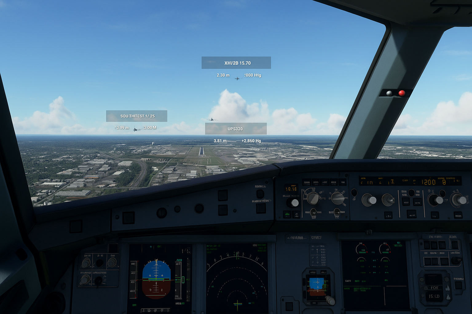 Cockpit view in a flight simulator showing AI aircraft traffic with call signs and a busy airport environment ahead, simulating realistic flight training conditions.
