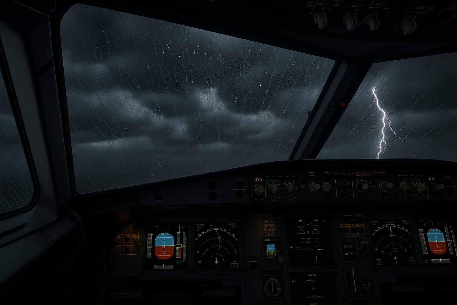 Cockpit view of an aircraft flying through storm clouds and rain with a lightning strike outside, showing the immersive effects of weather mods in flight simulation.