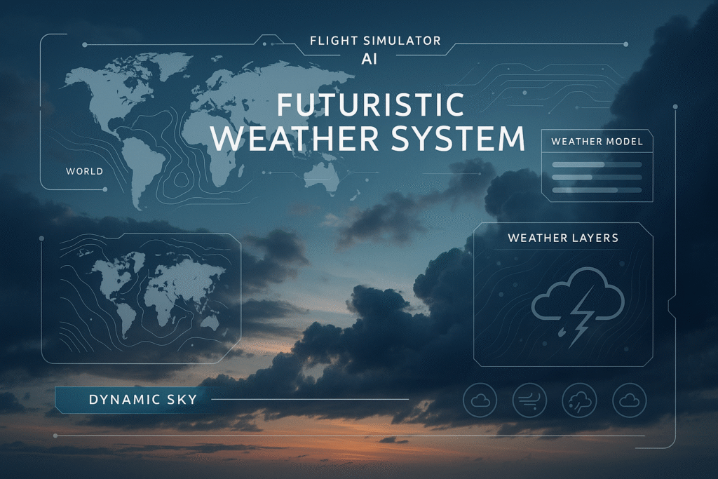Concept art showing a digital weather system interface with global maps, AI models, and dynamic weather layers over a realistic sunset sky, representing the future of weather mods.