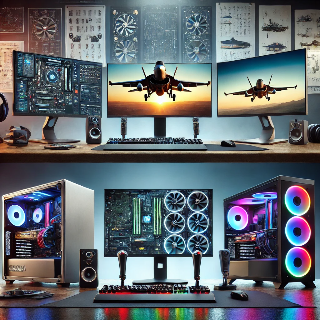 A visually appealing computer setup showcasing different options for flight simulators, including budget, mid-range, and high-end systems with flight peripherals.