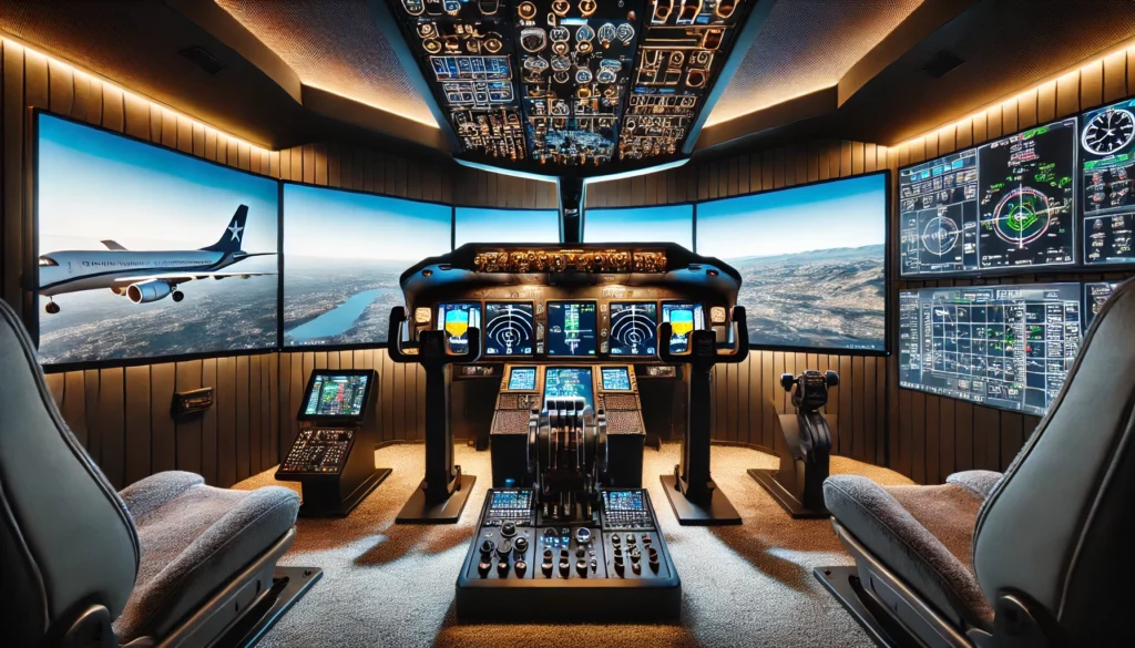 Immersive flight simulator setup featuring multiple monitors in a home cockpit environment, with a curved ultra-wide screen for a cockpit view, flanked by vertical monitors displaying side window views, accompanied by realistic flight controls.