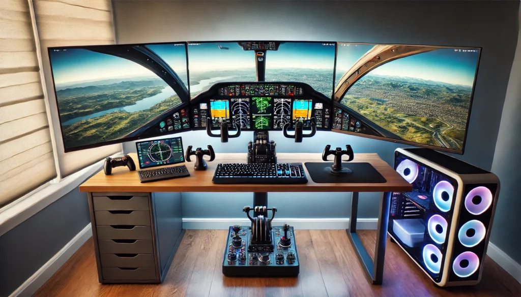 Detailed multi-monitor flight simulator setup on a clean desk, featuring a curved ultra-wide monitor for cockpit view, two angled side monitors for sky and landscape views, and realistic flight controls with a gaming PC.