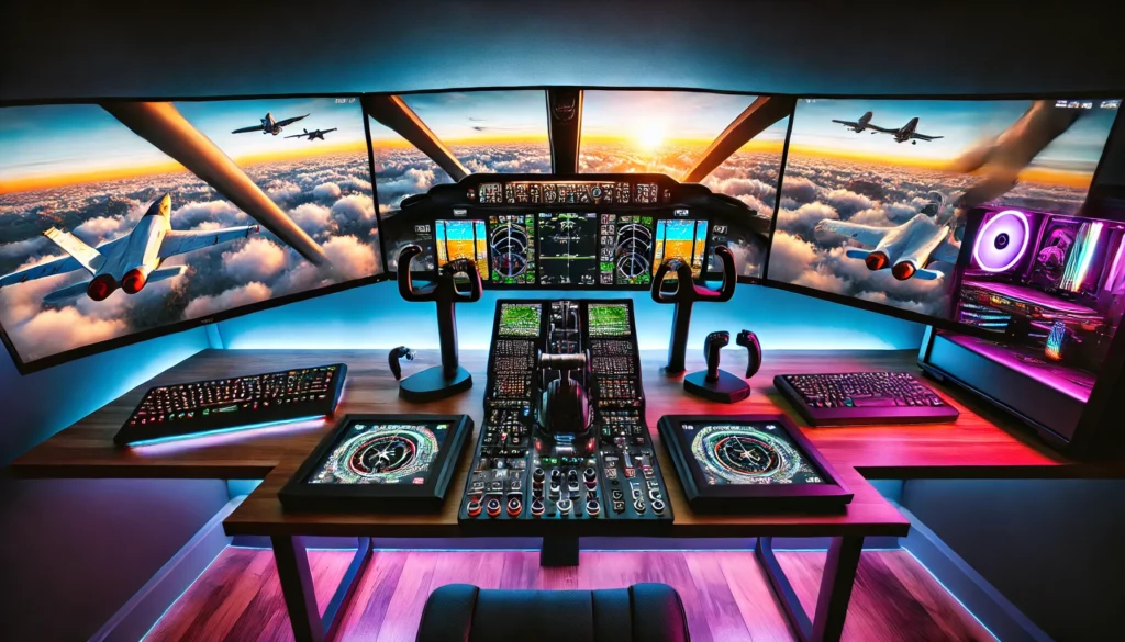 Multi-monitor setup running advanced flight simulation software, with a central cockpit view on one screen and extended scenery on side monitors, accompanied by realistic flight controls and a powerful gaming PC.