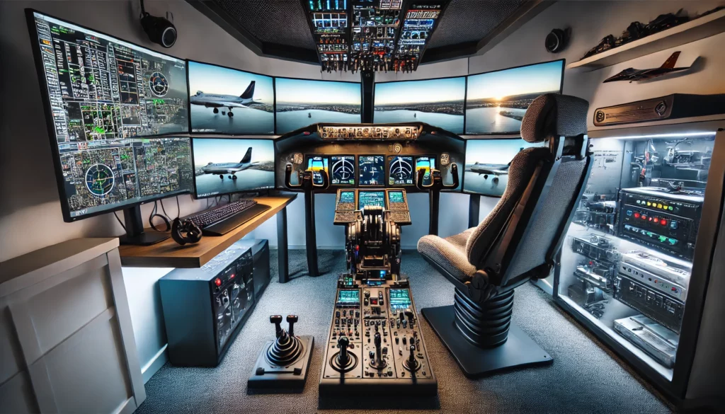 Immersive flight simulation setup with multiple monitors displaying cockpit and scenery views, complemented by realistic physical controls, surround sound speakers, and ergonomic furniture for comfort and authenticity.