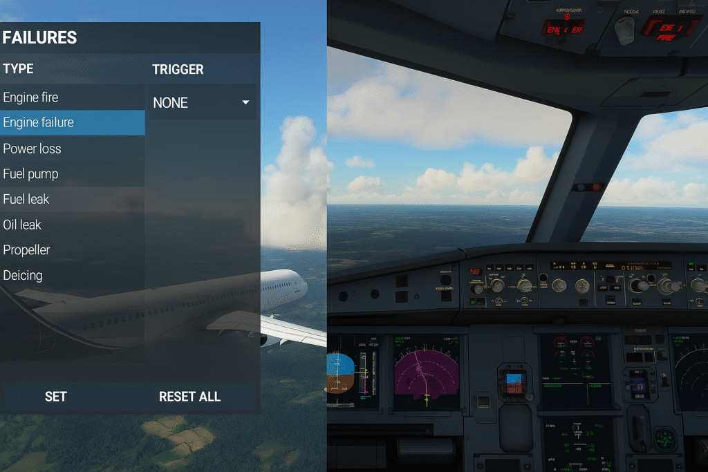 Split screen showing a flight simulator's failures menu on one side and a cockpit with engine failure warning indicators on the other, simulating emergency training scenarios.