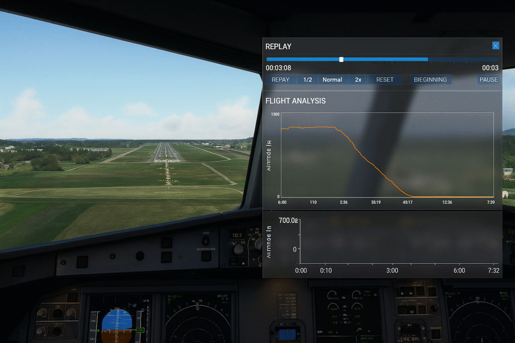 Flight simulator view showing cockpit approach to runway with a replay and flight analysis interface overlay, including altitude graph and playback controls for flight review.