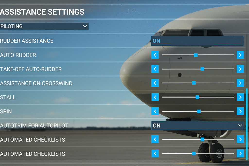 Flight simulator assistance settings menu showing options like auto rudder, crosswind assistance, and automated checklists, with an aircraft parked on the tarmac in the background.