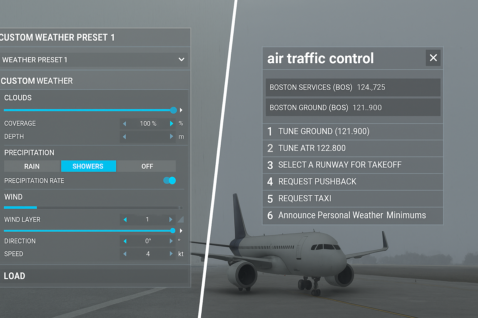 Flight simulator interface showing custom weather settings on one side and air traffic control communication options on the other, with an aircraft on a rainy tarmac.