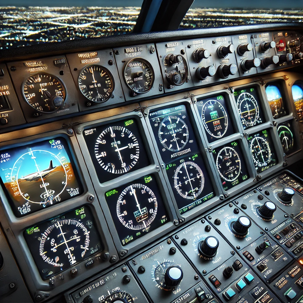 A realistic Flight Simulator Instrument Panel showcasing detailed aviation instruments like the altimeter, airspeed indicator, attitude indicator, and vertical speed indicator, illuminated in a modern virtual cockpit environment.