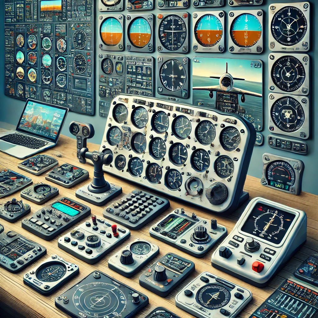 An illustration displaying a variety of Flight Simulator Instrument Panels, from basic to advanced setups, arranged on a table with a virtual cockpit visible on a monitor in the background.