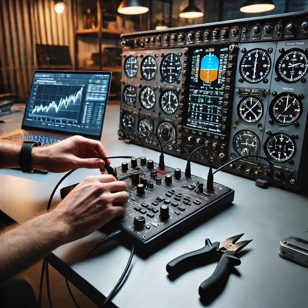 A close-up of a person connecting cables to a Flight Simulator Instrument Panel with a laptop displaying calibration settings in the background. The workspace includes a user manual and tools, emphasizing precision and readiness.