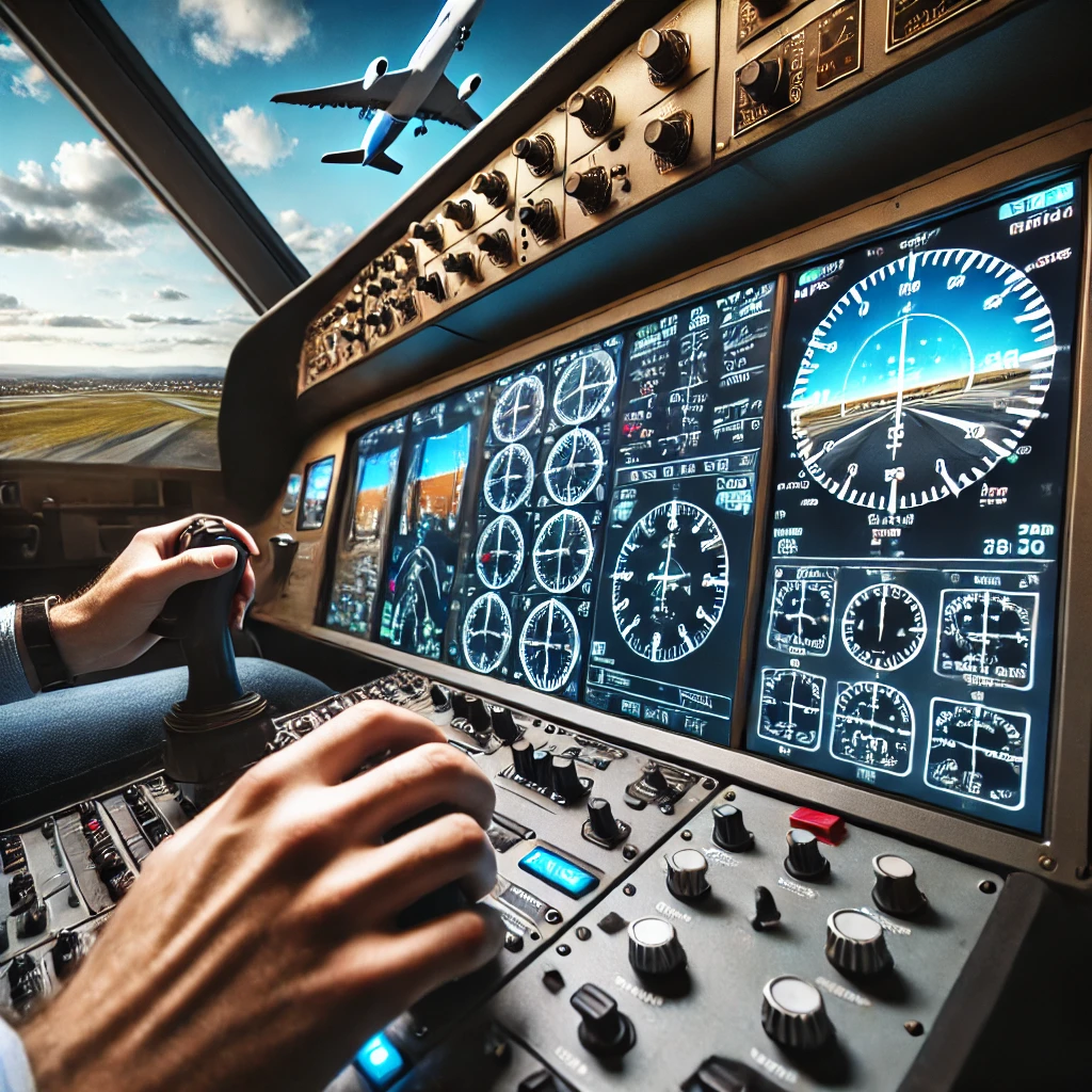 An immersive flight simulation training setup showing a pilot's hands interacting with an illuminated instrument panel, including altimeter and airspeed indicators, with a realistic virtual cockpit displayed on a monitor in the background.