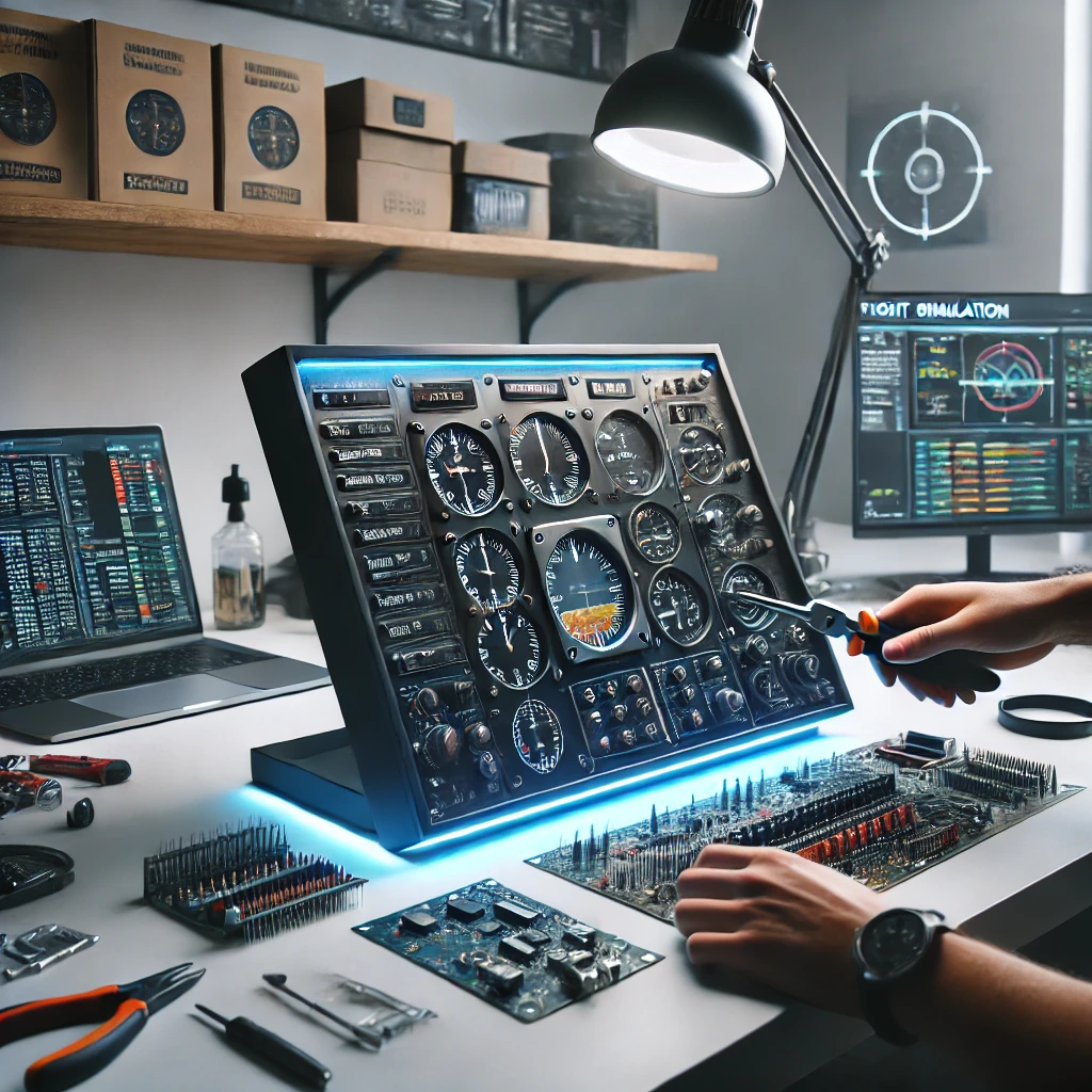 A workspace showing maintenance and upgrades of a Flight Simulator Instrument Panel with tools in use, illuminated aviation instruments, a laptop displaying software updates, and organized components and manuals in the background.