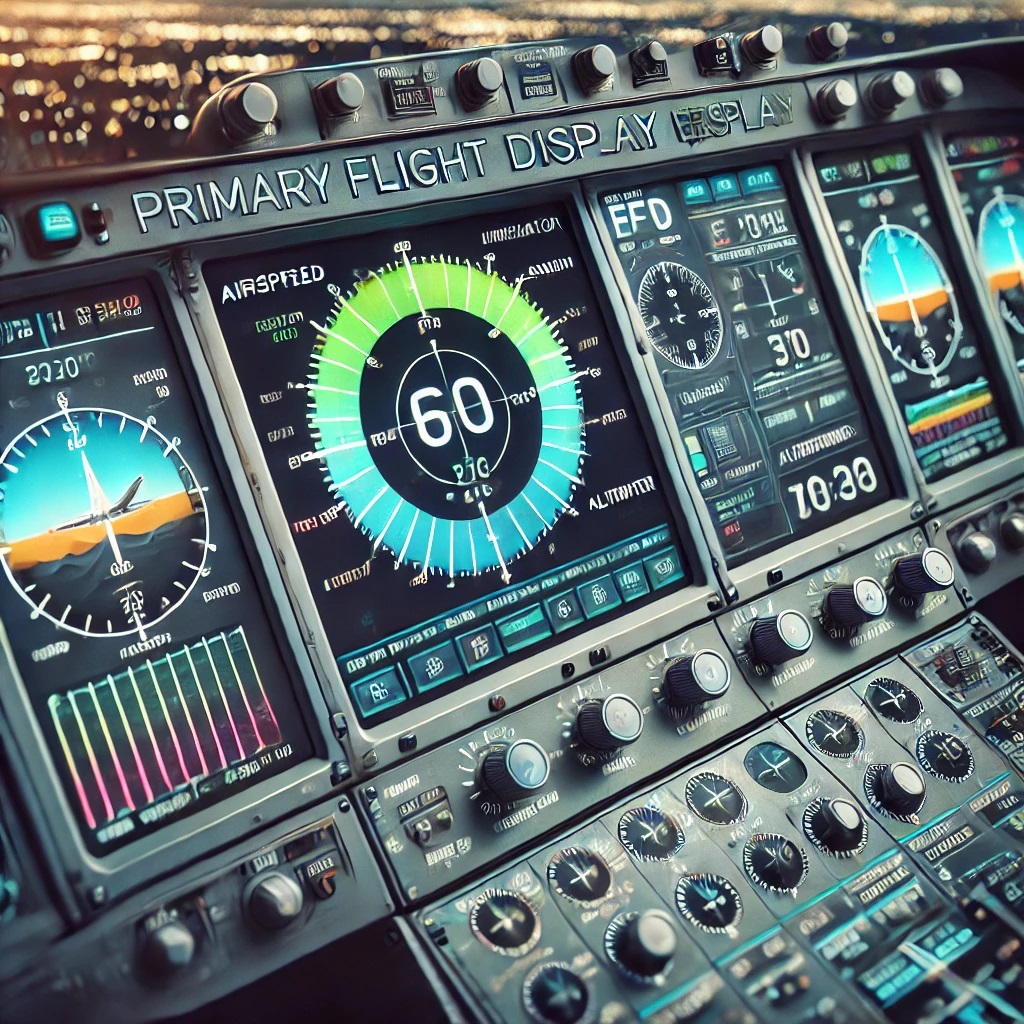 Illustration of a primary flight display in an aircraft cockpit showing components like the artificial horizon, airspeed indicator, altimeter, and heading indicator.