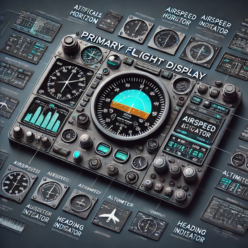 Illustration of the core components of a primary flight display in an aircraft cockpit.