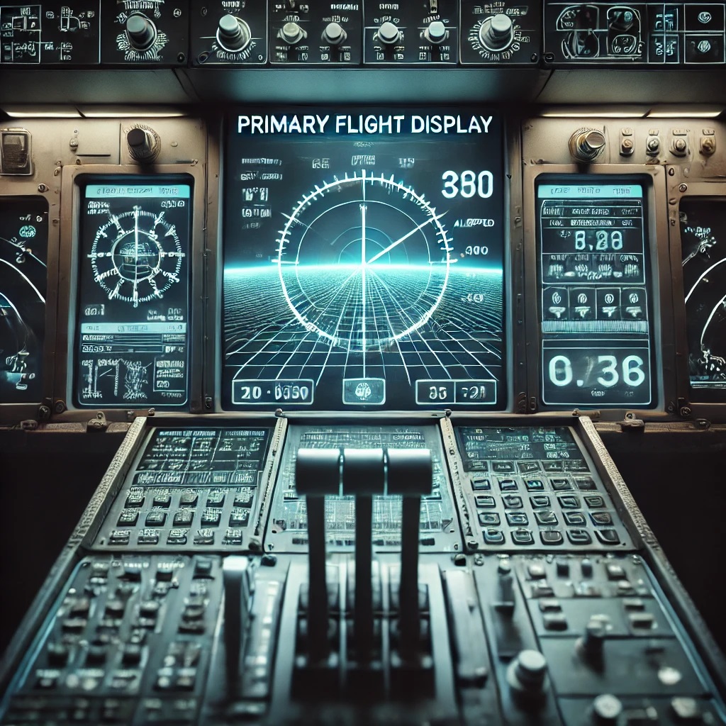 Illustration of a primary flight display in an aircraft cockpit, showing detailed dashboard with altitude, airspeed, and artificial horizon indicators.