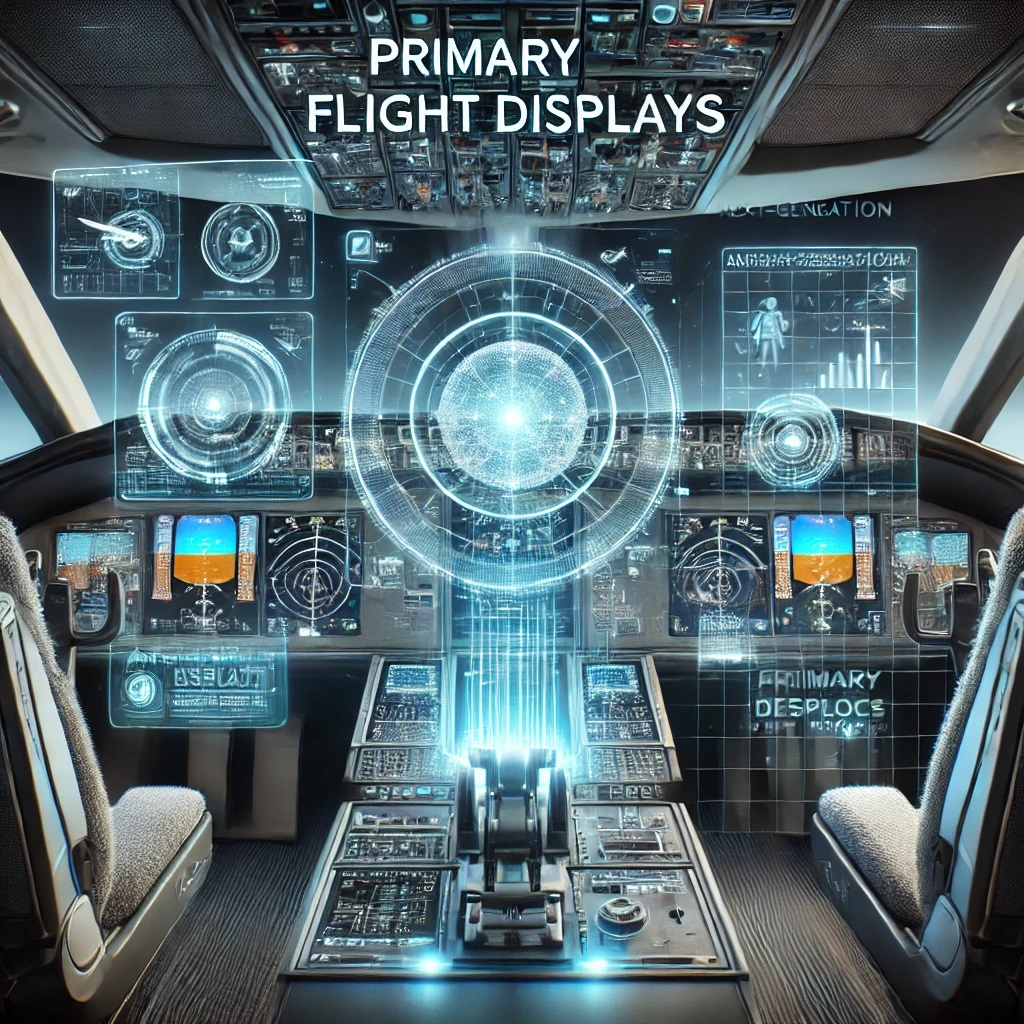 Futuristic primary flight display in an advanced aircraft cockpit featuring AR and AI technologies.