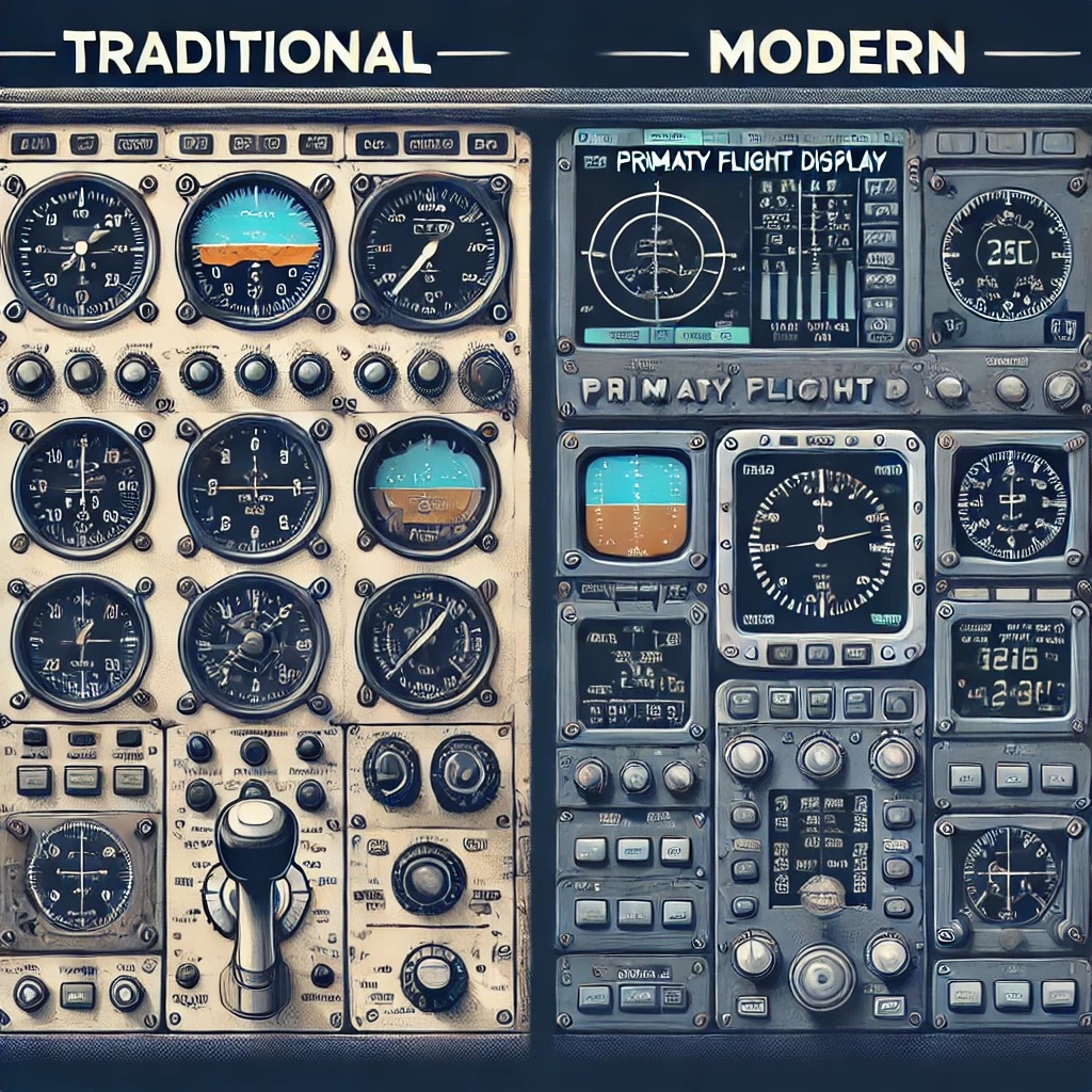 Illustration comparing traditional analog and modern digital aircraft cockpit displays.