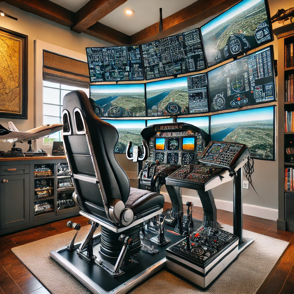 A sophisticated home-built flight simulator cockpit with multiple monitors, pilot’s yoke, pedals, and throttle in a home office setting.