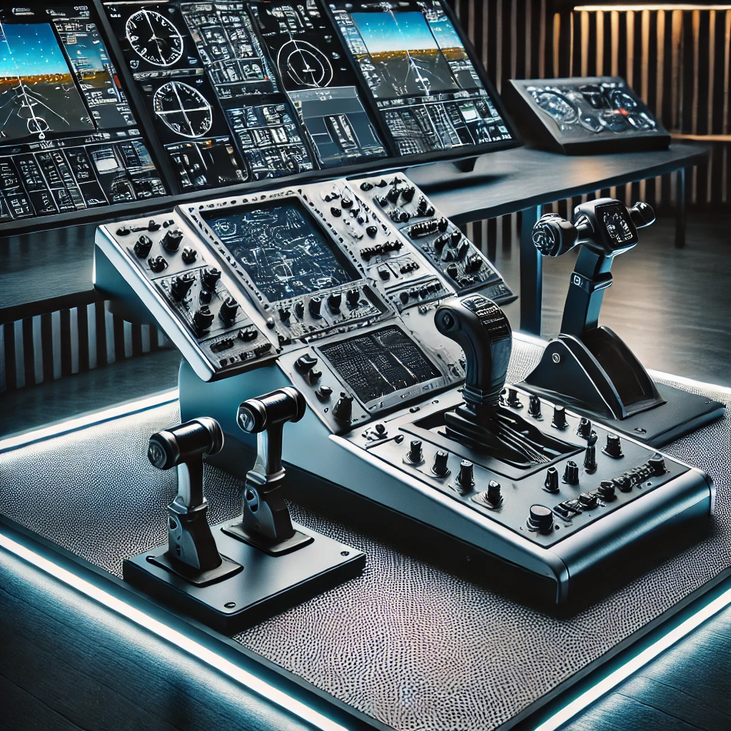 High-quality flight simulator components including a pilot's yoke, rudder pedals, throttle quadrant, and instrument panels.