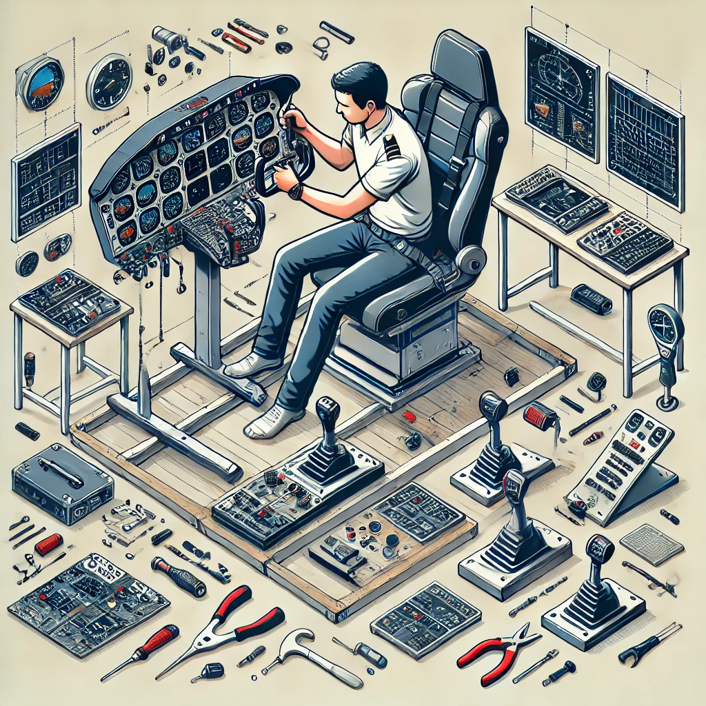 A person assembling a flight simulator cockpit with tools, surrounded by components like a pilot’s yoke and pedals.