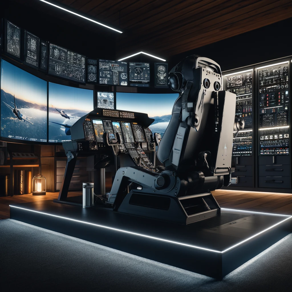 A sophisticated home flight simulator setup with virtual reality headsets, motion platforms, and multiple instrument panels.