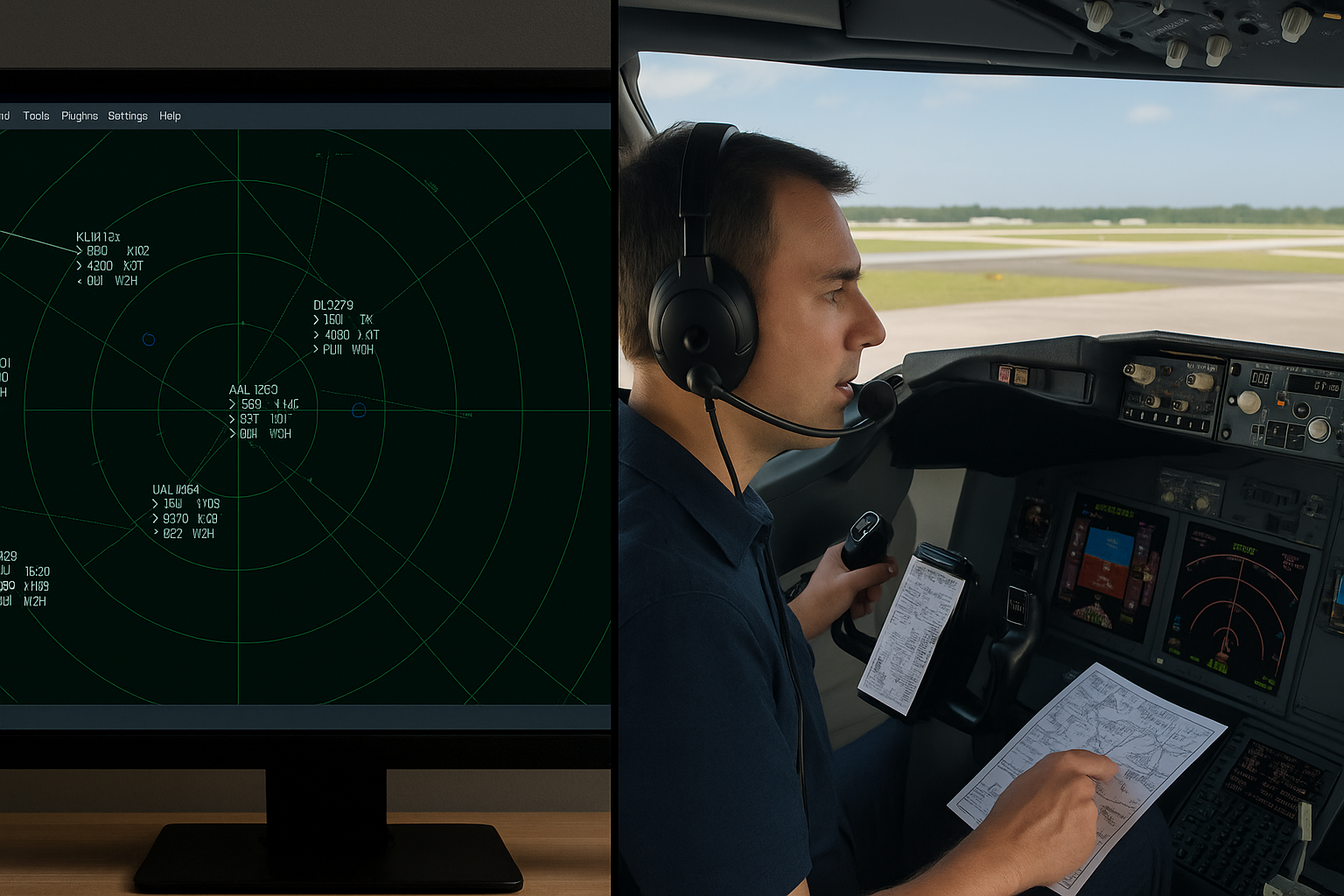 Split-screen image showing a radar screen with aircraft data on the left and a pilot in a flight simulator cockpit managing charts and communications on the right.