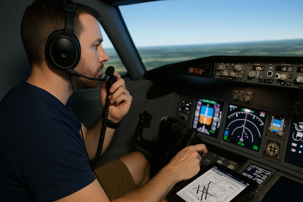 A flight simulator pilot wearing a headset communicates via radio while managing flight data on a tablet, with cockpit instruments and ATC frequencies visible.