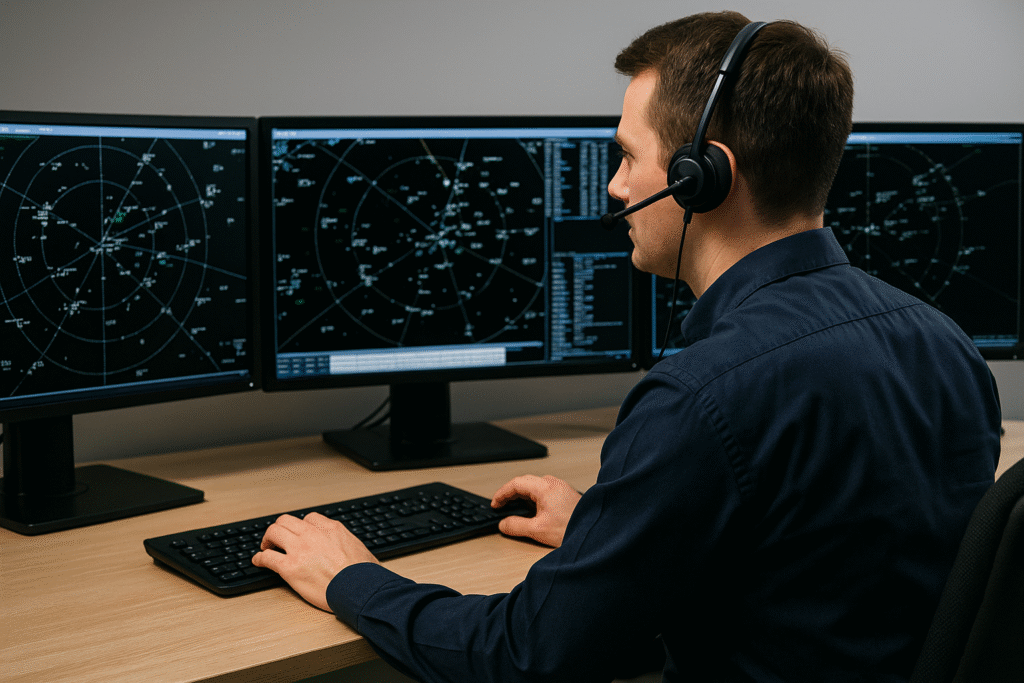 Air traffic controller using radar simulation software on three monitors while wearing a headset, actively managing virtual airspace and flight data.