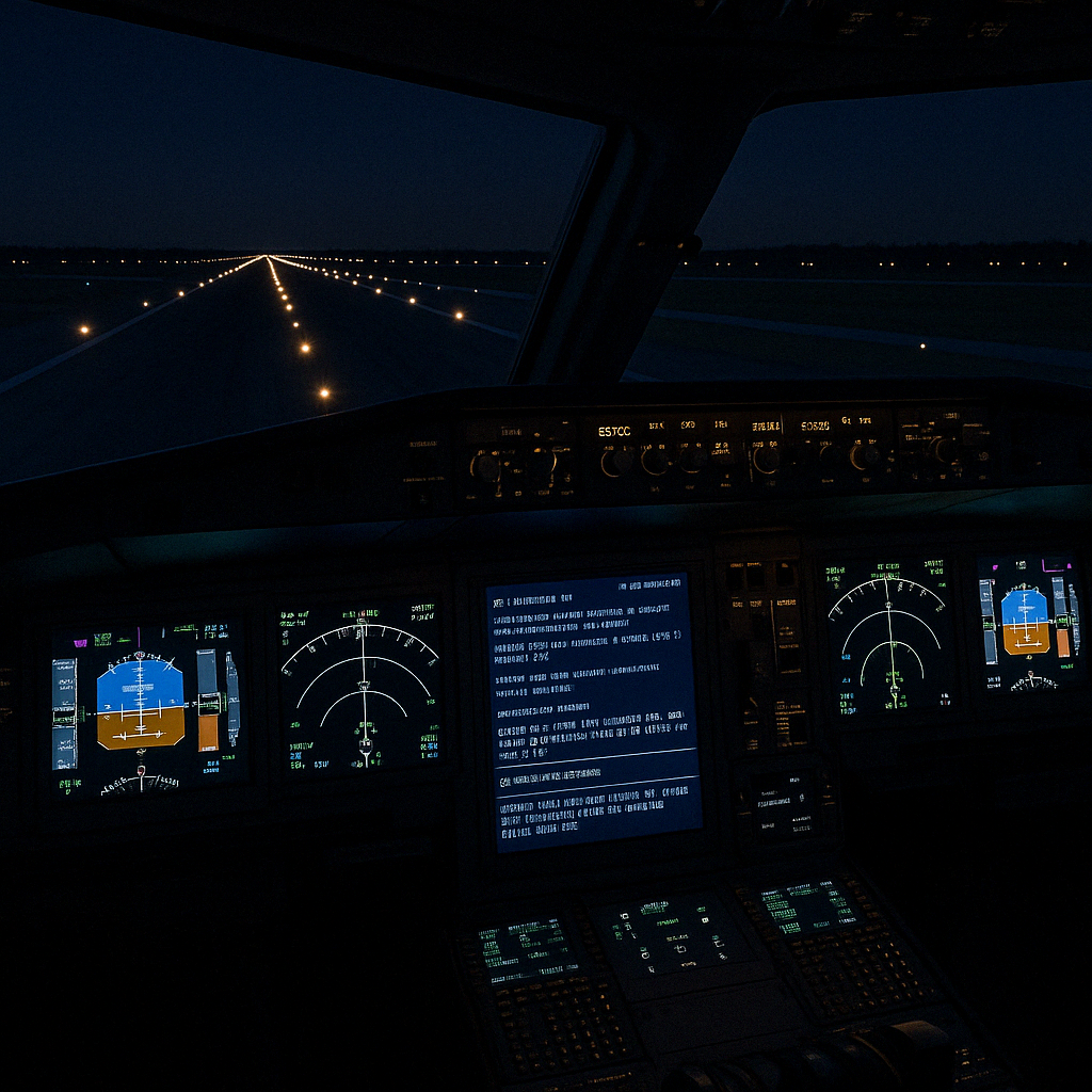 Nighttime cockpit view in Microsoft Flight Simulator with illuminated flight instruments, ATC interface, and a brightly lit runway stretching into the distance.