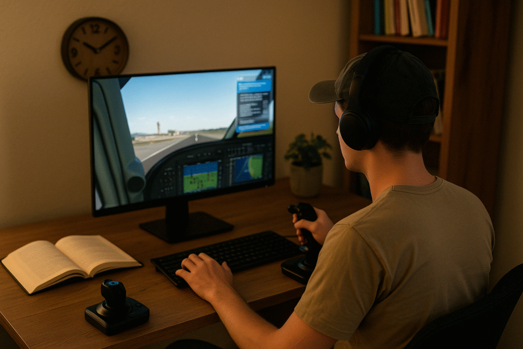 Beginner flight sim enthusiast using Microsoft Flight Simulator with joystick and ATC interface displayed on screen in a cozy home office setup.