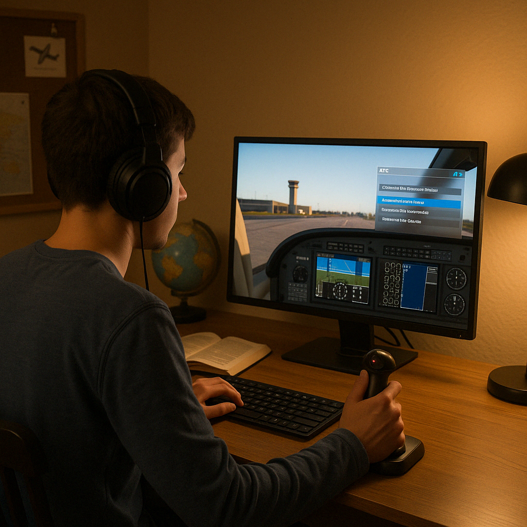Young man practicing ATC communication in Microsoft Flight Simulator on a desktop setup with headphones, joystick, and immersive virtual cockpit view.