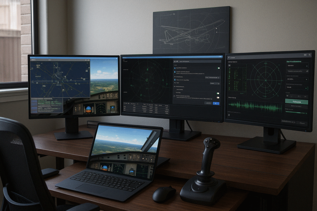 Advanced flight simulator setup with four monitors displaying ATC plugins, radar screens, and cockpit interface in a modern home simulation station.