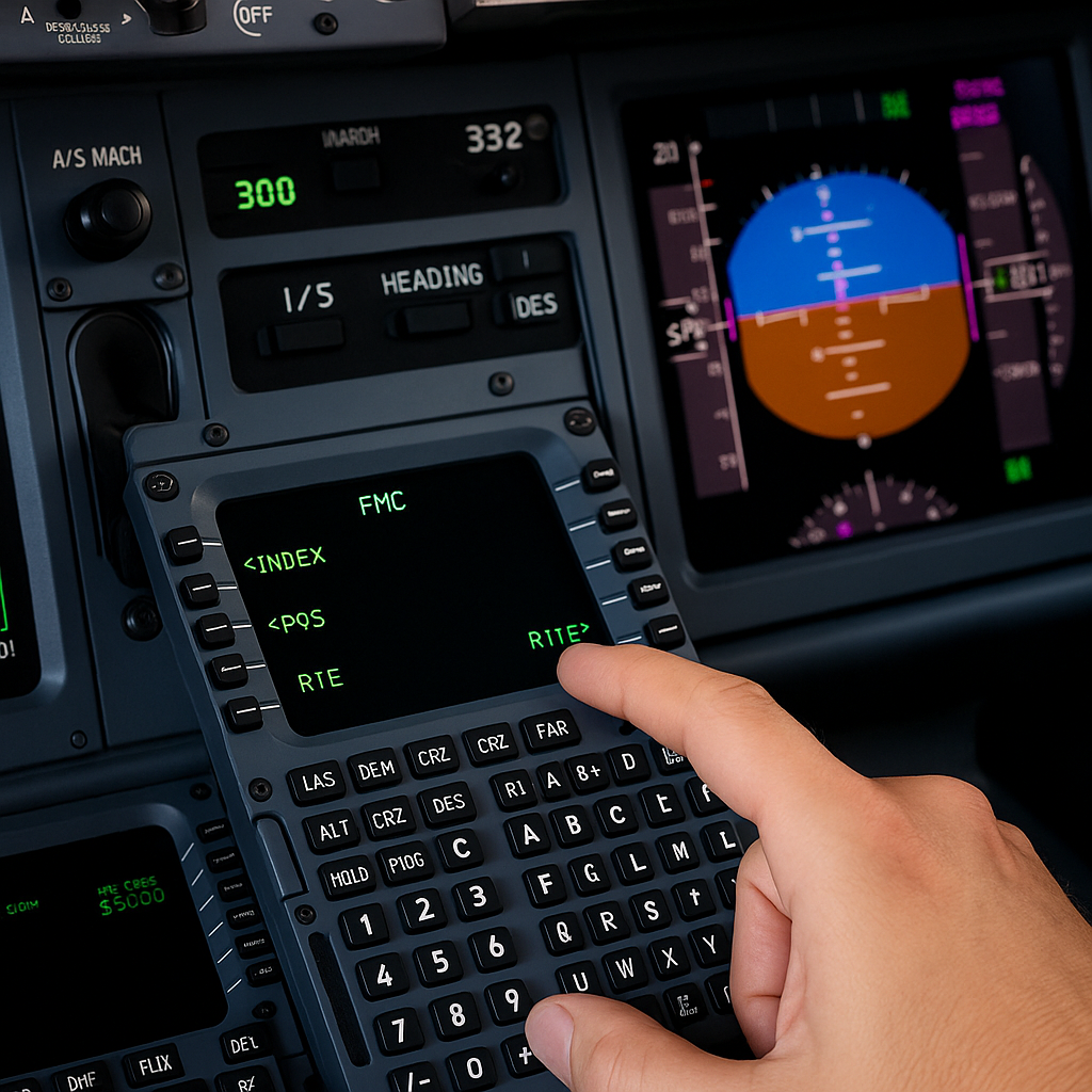 A close-up view of a pilot interacting with the CDU in a 737 flight simulator, with the FMS screen active and flight instruments visible in the background.
