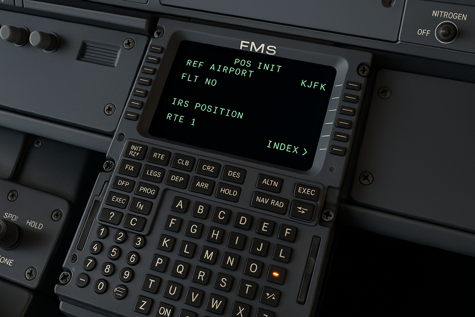 High-resolution cockpit image showing the 737 FMC CDU with the POS INIT page active, displaying REF AIRPORT and IRS POSITION setup for route programming.