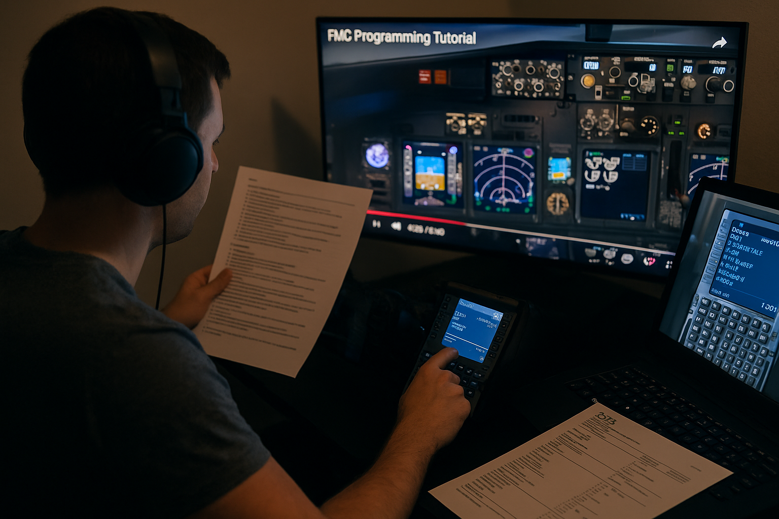 A flight simulator user following an FMC tutorial video while entering flight plan data into a CDU, with printed flight documents and navigation displays active in the cockpit.