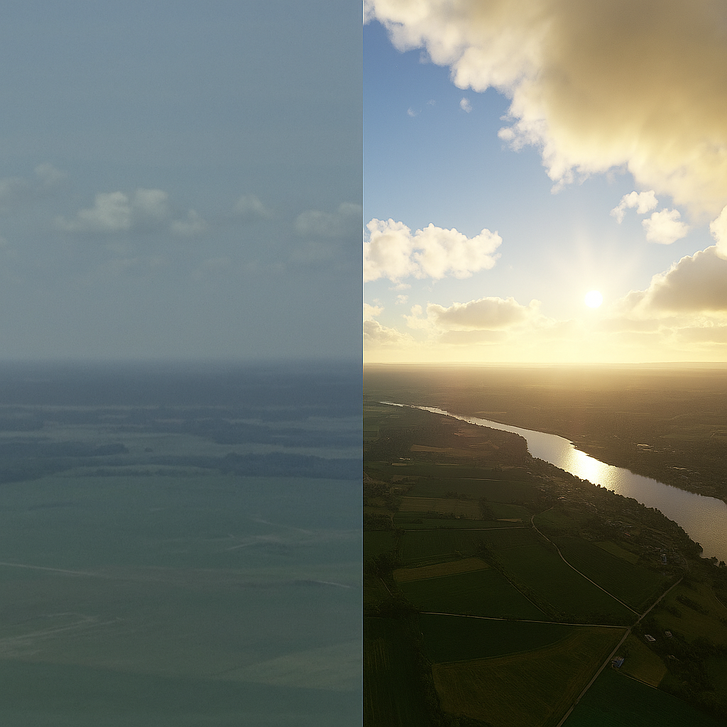 Split-screen aerial comparison of older and modern flight simulators, highlighting visual differences in terrain, cloud rendering, and lighting realism.