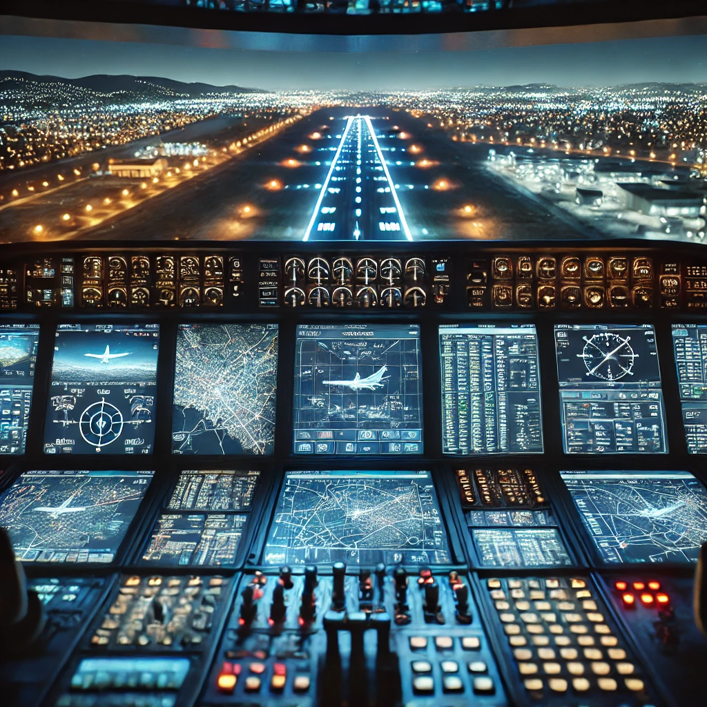 A realistic and detailed depiction of an Air Traffic Control (ATC) setup in Microsoft Flight Simulator, showing a virtual cockpit with multiple displays including maps, flight data, and communication interfaces, set against a nighttime backdrop with a brightly lit runway visible through the window.