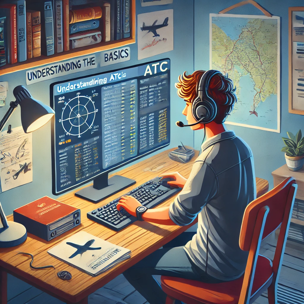 A beginner pilot at a home setup, learning Air Traffic Control basics on Microsoft Flight Simulator. The environment is cozy with educational materials around, showing the pilot interacting with the ATC interface on the computer.