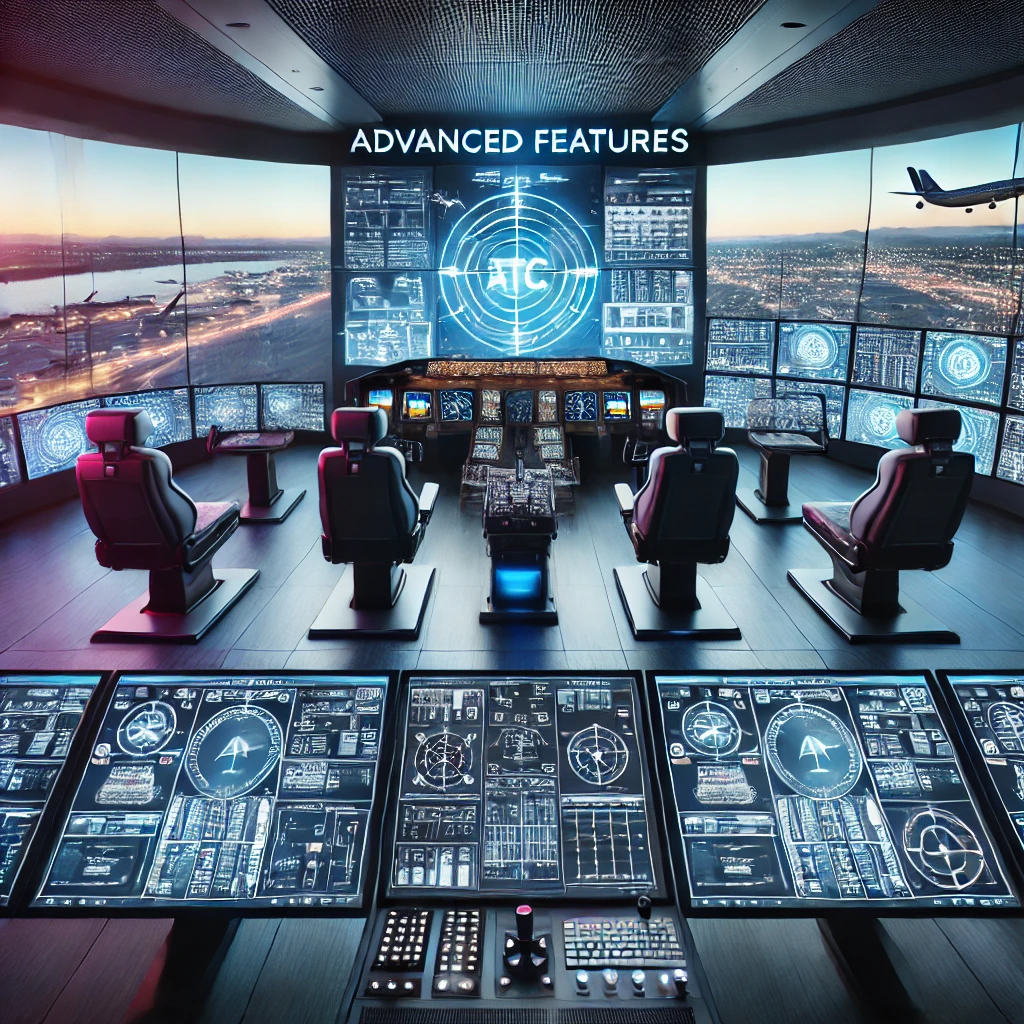 An advanced flight simulator room with professional-grade controls and multiple screens displaying sophisticated ATC software, illustrating the complex and immersive ATC experience in Microsoft Flight Simulator.