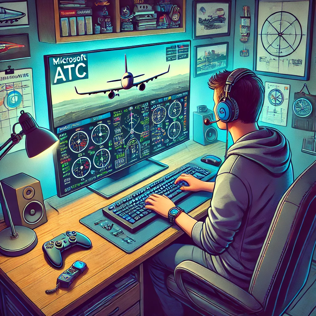 A user engaged in Microsoft Flight Simulator, focused on navigating complex airspace using the ATC interface on their personal gaming setup, surrounded by aviation-themed decor, emphasizing a dedicated enthusiast’s environment.