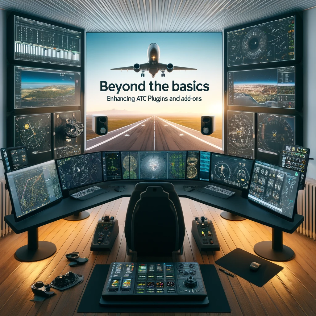 A high-end flight simulation setup with multiple monitors showcasing advanced ATC plugins and add-ons, including traffic scenarios and voice recognition software, in a sleek and modern environment tailored for immersive simulation.