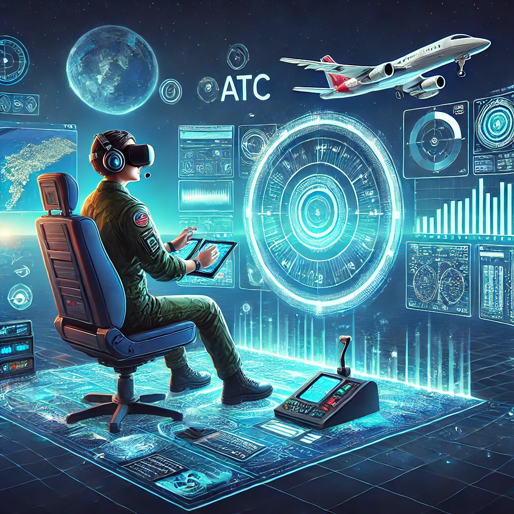 A futuristic flight simulator setup with a pilot wearing VR goggles and interacting with advanced, holographic ATC interfaces, highlighting innovative technologies and the potential future of flight simulation.