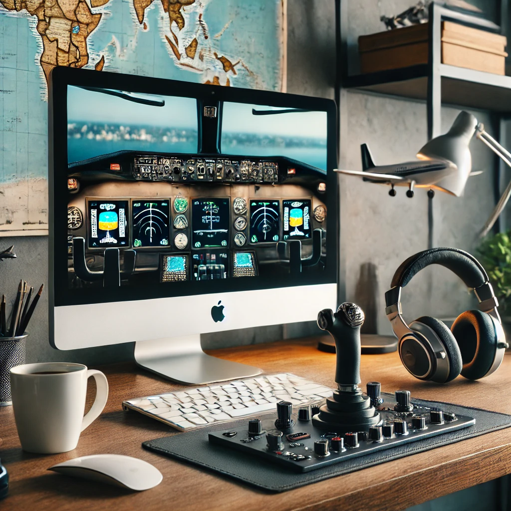 A cozy home office setup with a Mac computer displaying a flight simulator cockpit view, accompanied by a flight stick, headphones, and a cup of coffee on the desk. The room features aviation-themed decor.