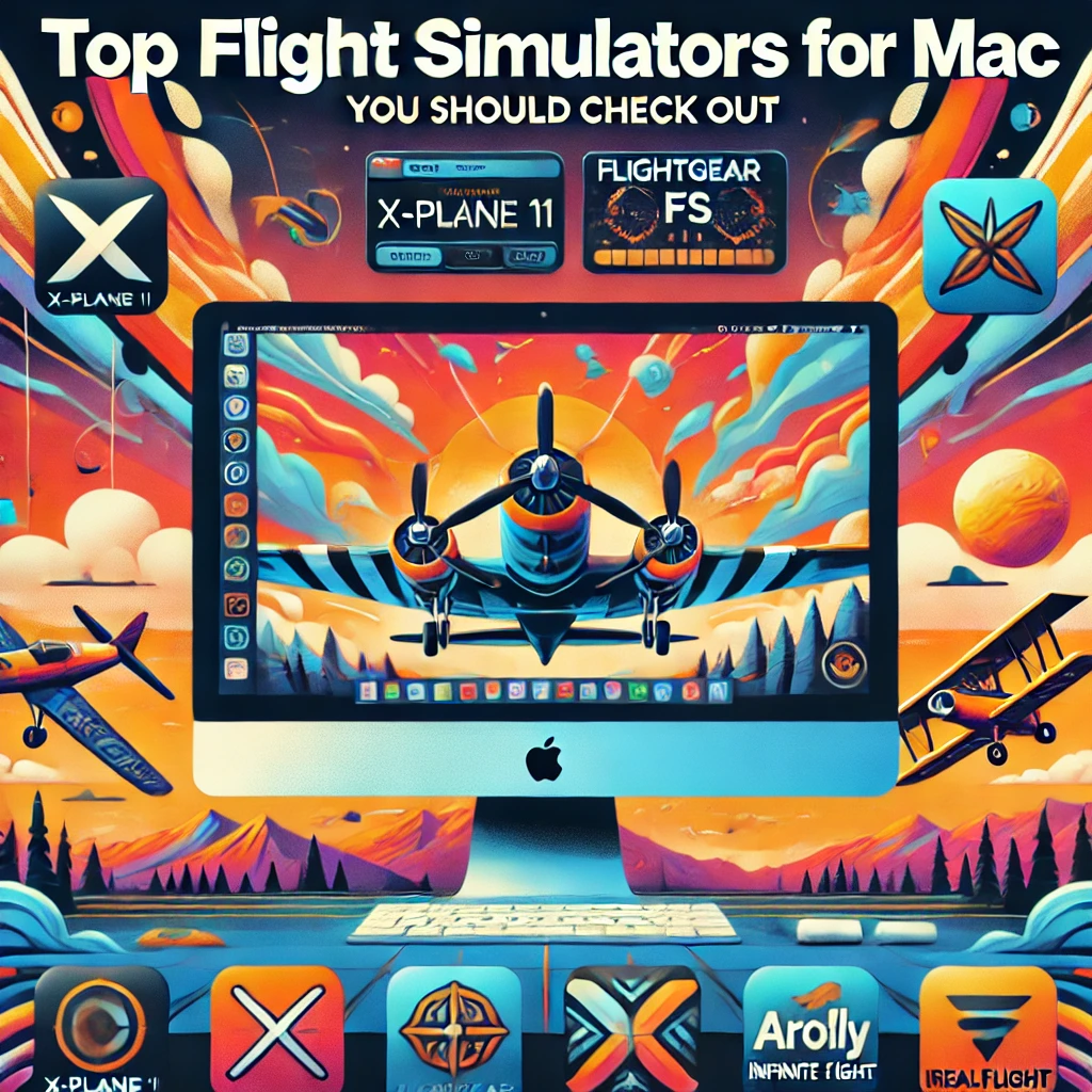 Colorful digital poster featuring a stylized Mac computer screen with a flight simulator interface and icons for simulators like X-Plane 11, FlightGear, Aerofly FS, Infinite Flight, and RealFlight.