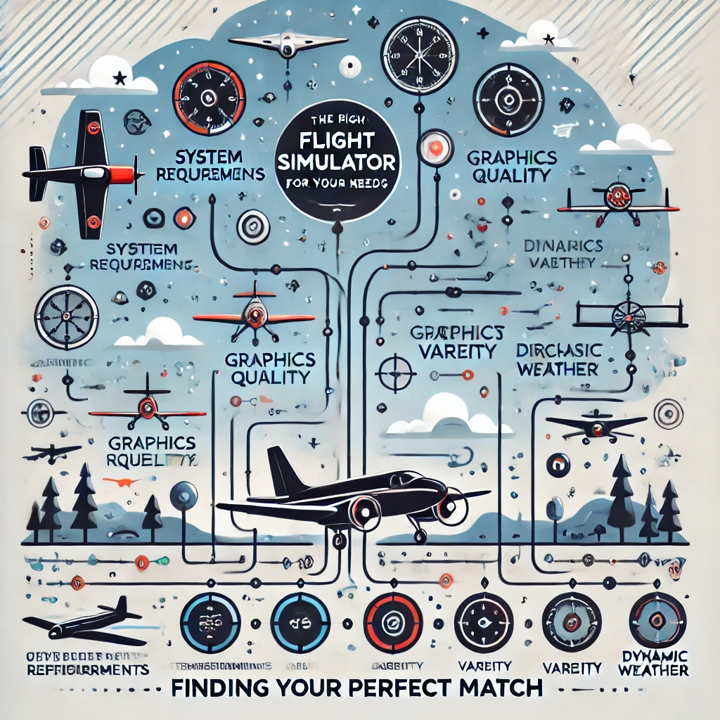 Infographic with a flowchart guiding users on choosing the right flight simulator based on Mac specs, preferences, graphics quality, and more.