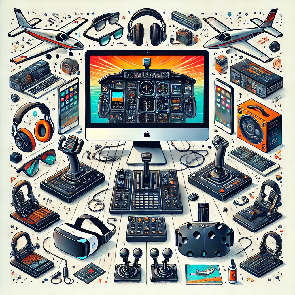  Illustration of various flight simulation peripherals around a Mac computer, including a yoke, flight stick, pedals, VR headset, and scenery packs, each vividly highlighted.