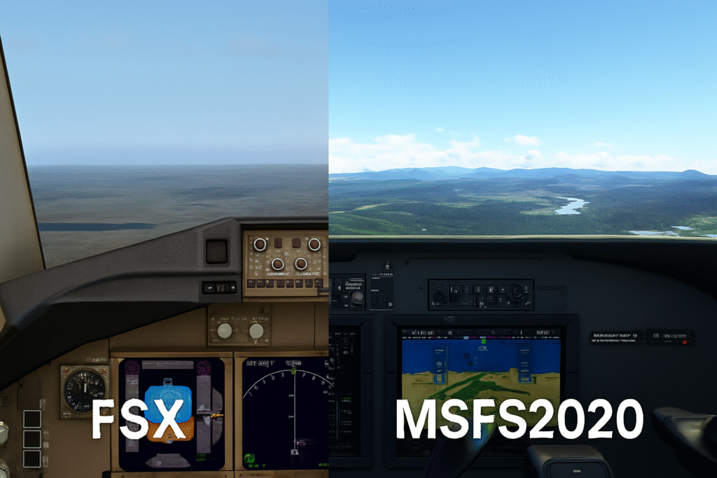 Side-by-side comparison of cockpit views in Microsoft Flight Simulator X and Microsoft Flight Simulator 2020, showing the visual evolution in graphics and realism.