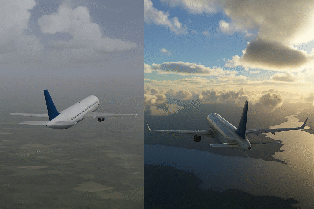Split-screen view of aircraft in older and modern flight simulators, comparing flight dynamics and environmental rendering.